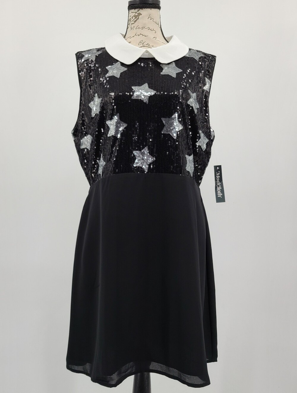 ModCloth Black Sequin Star A Line Dress with White Peter Pan Collar Size 16